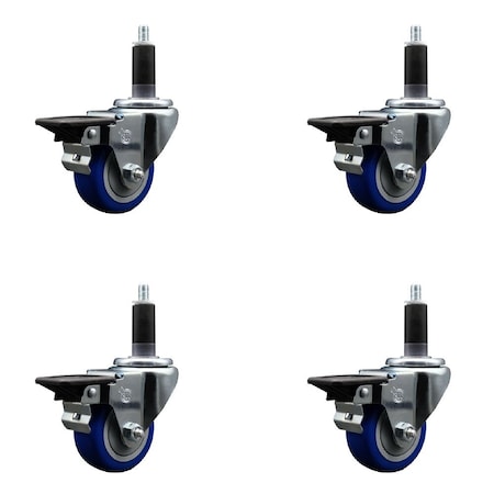 Service Caster 3'' Blue Poly Swivel 1-1/8'' Expanding Stem Caster Set with Brake, 4PK SCC-EX20S314-PPUB-BLUE-PLB-118-4